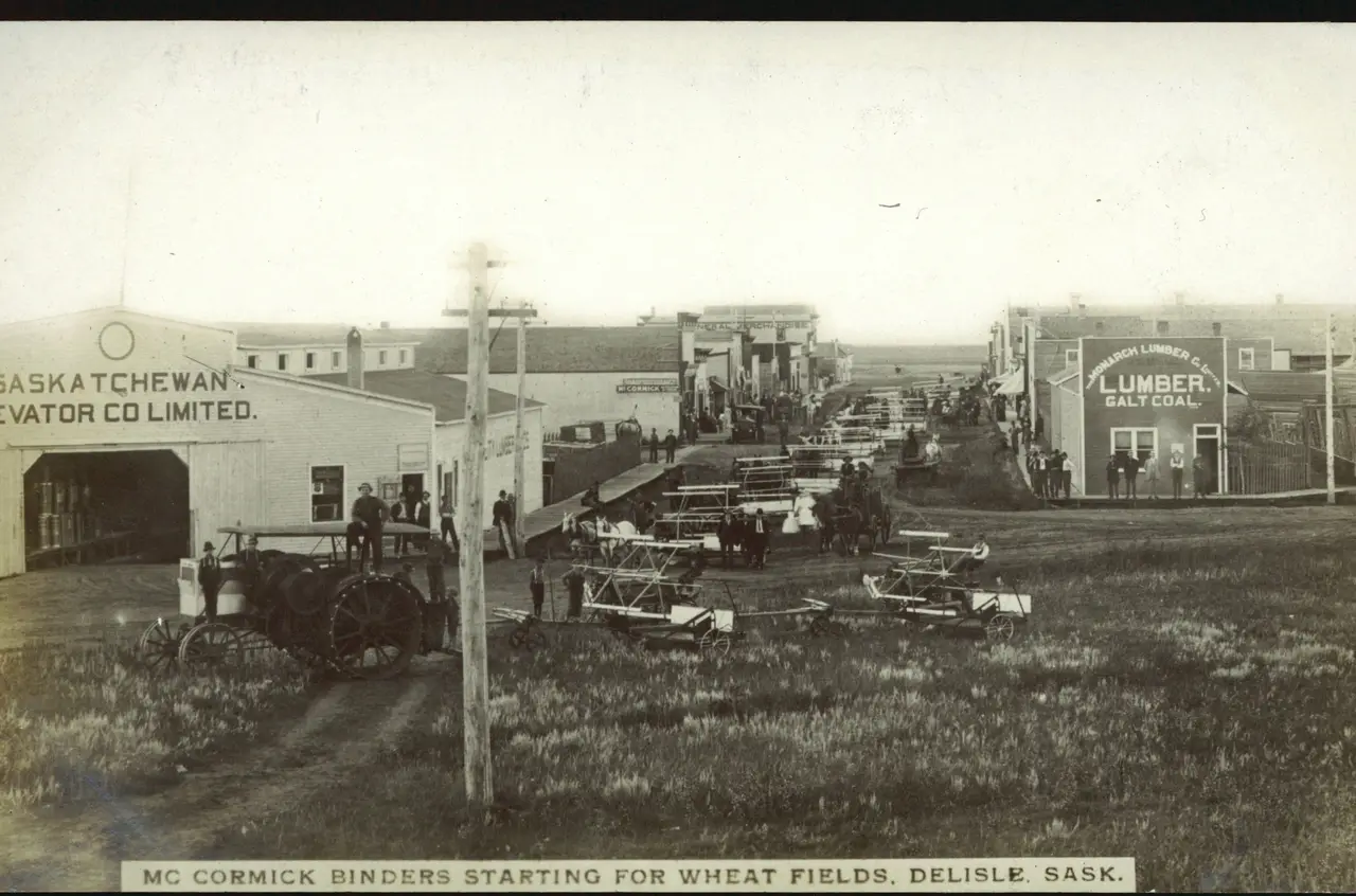 McCormick binders starting for the wheat fields, Delisle, about 1910